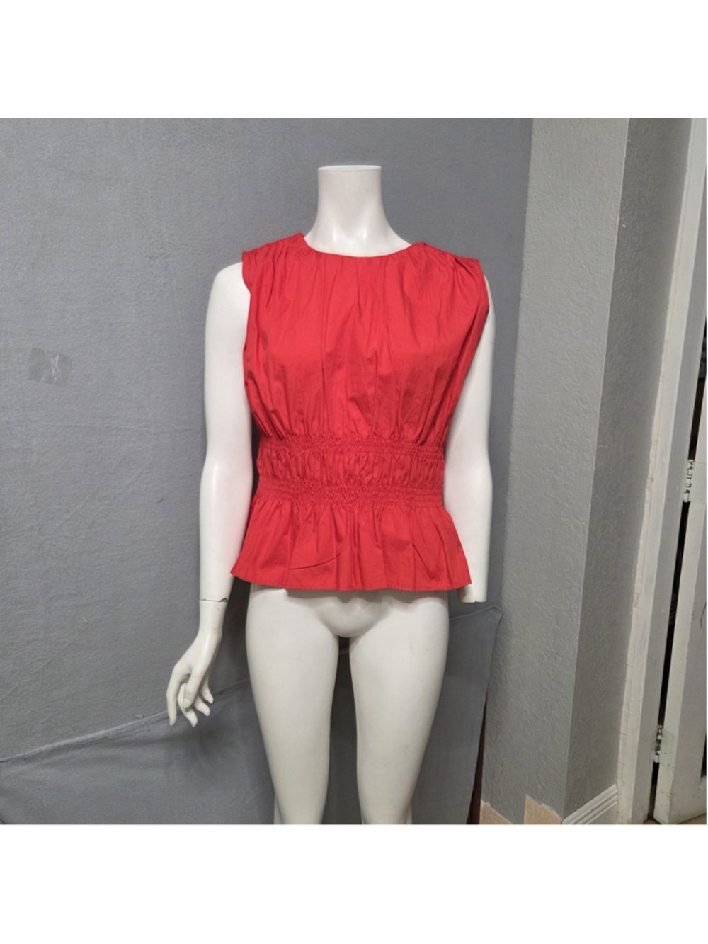 Women's Calvin Klein Red Sleeveless Smocked Waist Peplum Blouse